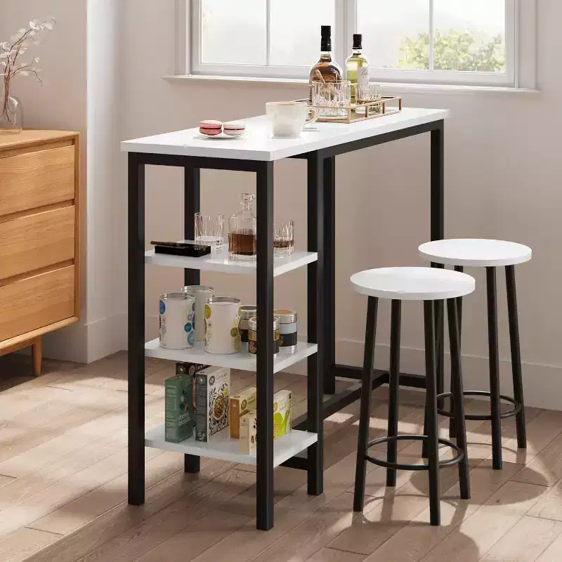 Counter Height Dining Table Set with 3 Storage Shelves, 3 Piece, 47.2L x 16W x 40H, Kitchen, Dining Room