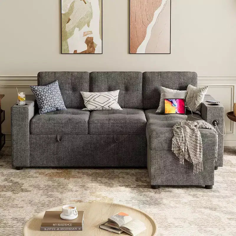 Sleeper Sofa, 84 Inch Sofa Bed with 2 Charging Ports, L Shaped Couch with 2 Storage Armrest and 2 Cup Holders, 2 Charging Ports
