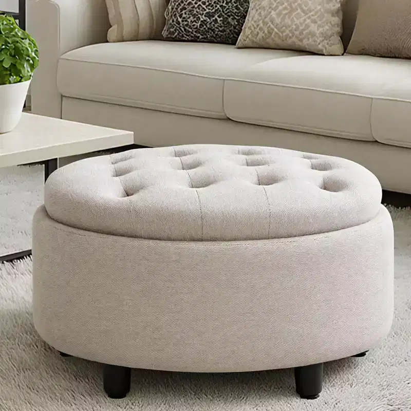 Round Fabric Storage Ottoman 25x25 with Reversible Tray Lid, Footrest & Hidden Storage