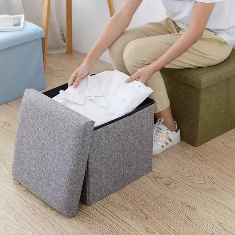Cube Square Foot Rest Stool Seat Foldable 4 in 1 Storage Box, 12 Inch, Linen Grey
