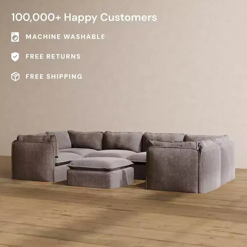 Anabei Modular Washable 6-Seater U-Sectional Sofa + Ottoman | Deluxe+ Seat & Cloud Pillow