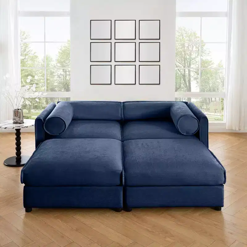 Stylish White Chenille 2-Seater Sofa with 2 Ottoman Storage Seat, Cylindrical Backrest and Armrests