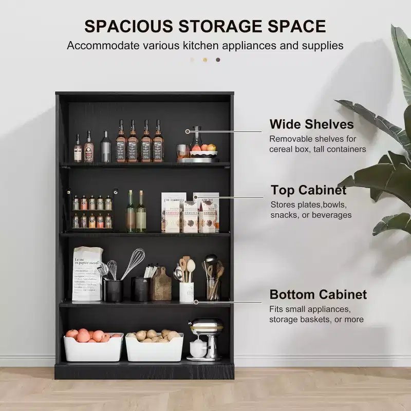 48.5 Black Practical Wood Grain Decorative Storage Cabinet Without Doors, With 4 Shelves
