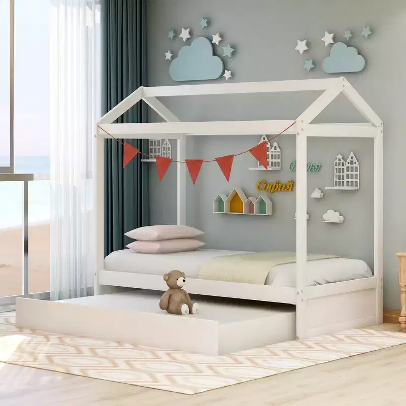 Wood Decoratable House-Shaped Bed with Trundle - White
