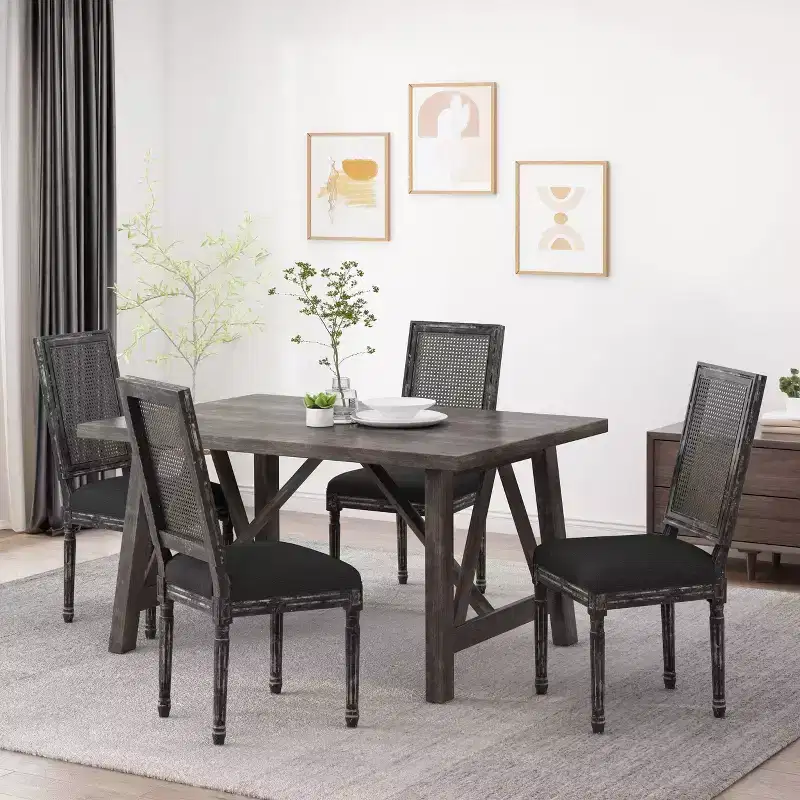 of 4 French Country Wood and Cane Upholstered Dining Chairs