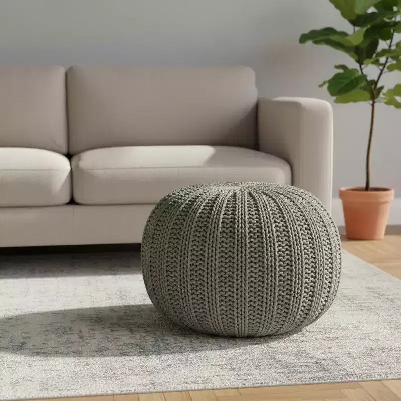 HomeRoots 20 Green Cotton Cable Knit Round Pouf Ottoman