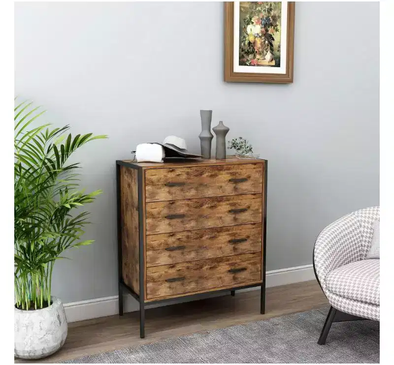 MDF Industrial Style 4-Drawer Dresser - Rustic Brown, Steel Frame