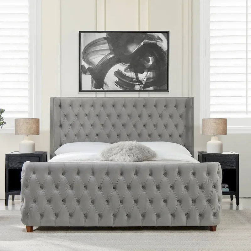 Velvet Upholstered Tufted Sheltered Panel Bed Set