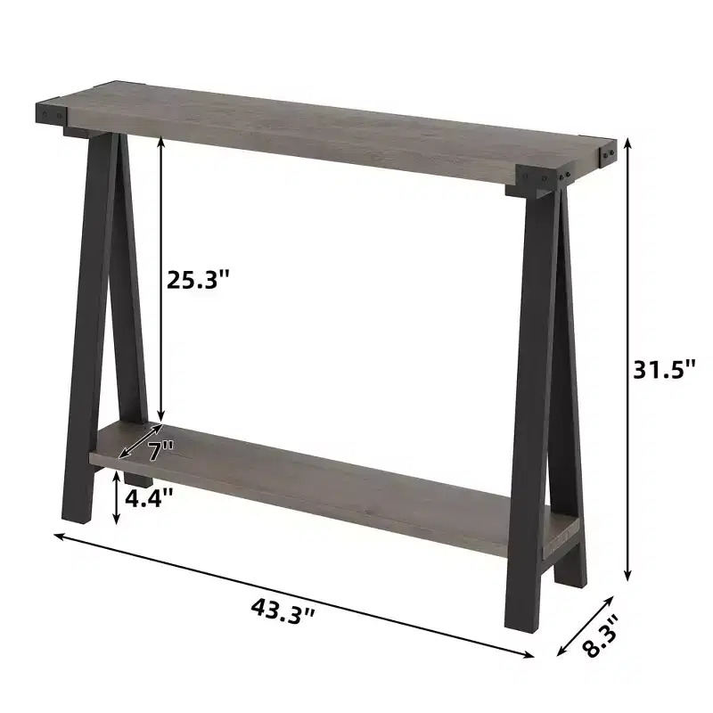 Slim double-tiered entryway table with storage shelves, durable metal frame, and V-shaped legs  suitable for living rooms, hallways, or foyer.