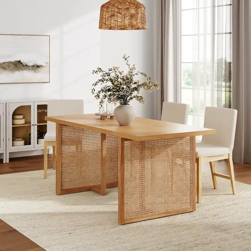 Boho Dining Table for 6 with Solid Wood Legs, Dining Table with Bohemian Rattan Accent