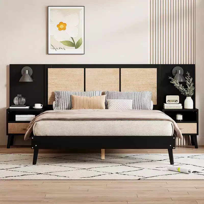 Queen Size Solid Wood Bed Frame with 2 Nightstands, Elegant Rattan and Wood Combination Platform Bed with Lamps - ModernLuxe
