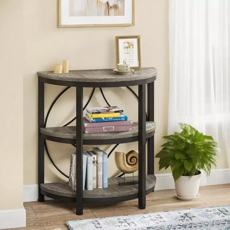 MAYEERTY Half-Round Side Table Rustic Brown Top Black Metal Legs 3-Tier Open Shelves