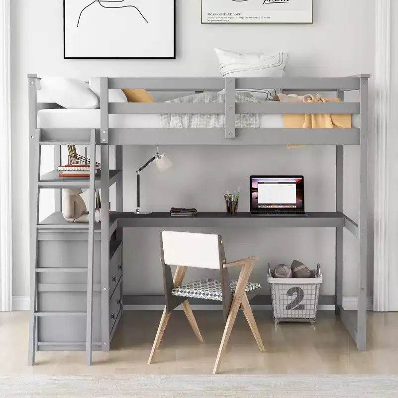 Twin/Full Size Loft Bed with Desk and Shelves, Pine Wood Loft Bed Frame with Two Built-in Drawers - ModernLuxe