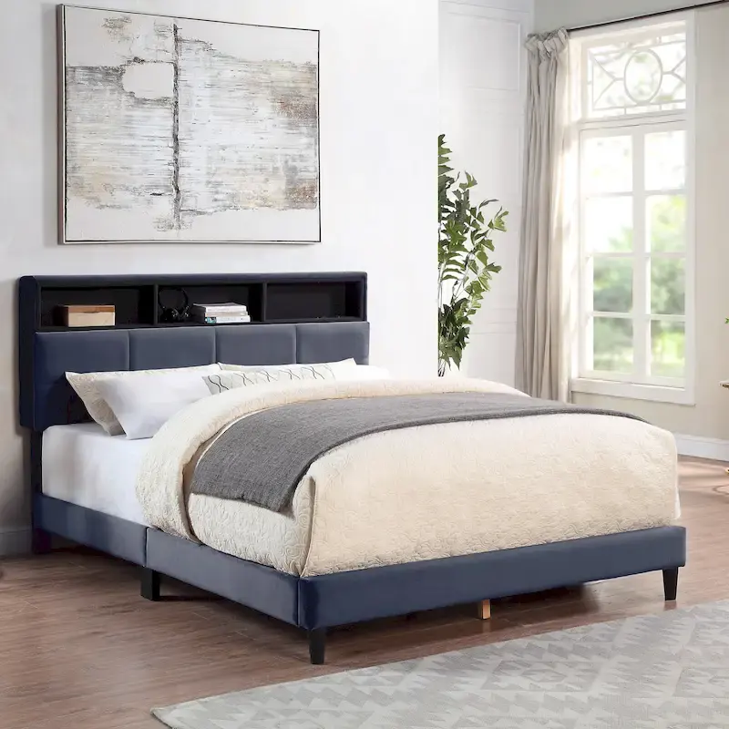 Grey Upholstered Storage Bed with USB Charging Ports, Platform Bed, Modern Bedroom