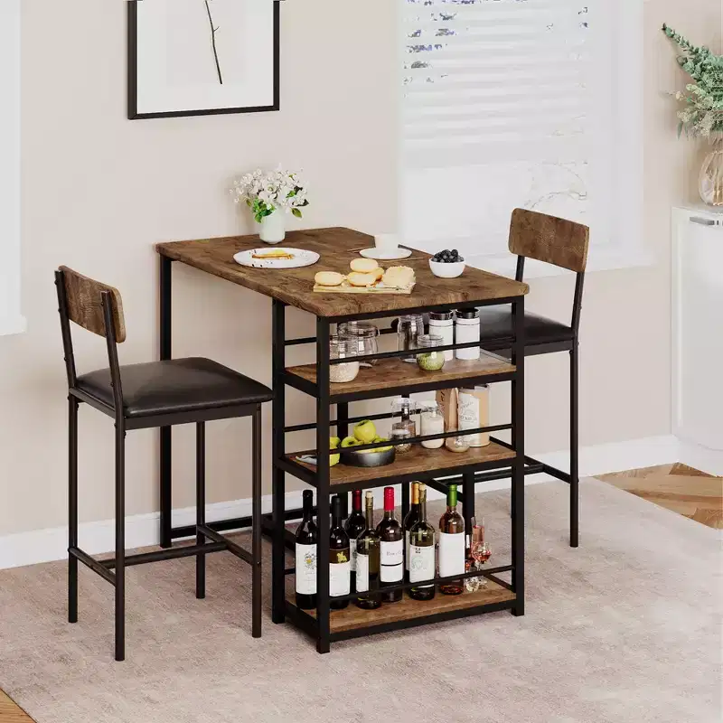 Kitchen Table Set, Dining Table and 2 Upholstered Bar Chairs with 3 Large Storage Shelf, Wooden Table Set for Small Spaces, Apartment, Home