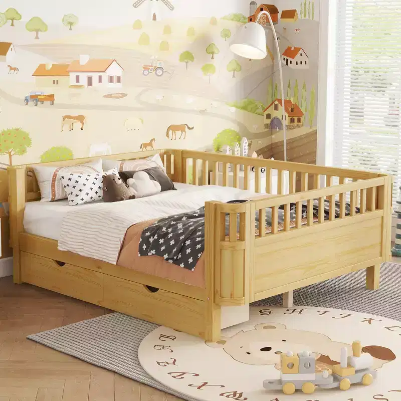 Modern Wood Kids Platform Bed with Safety Rails and Storage Drawers