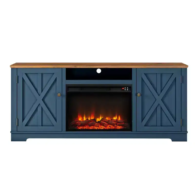 70" Farmhouse TV Stand for TVs up to 75" with Electric Fireplace Navy : Entertainment Center, Media Console