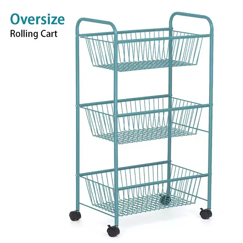 3-Tier Rolling Basket Stand Trolley with Shelves, Blue