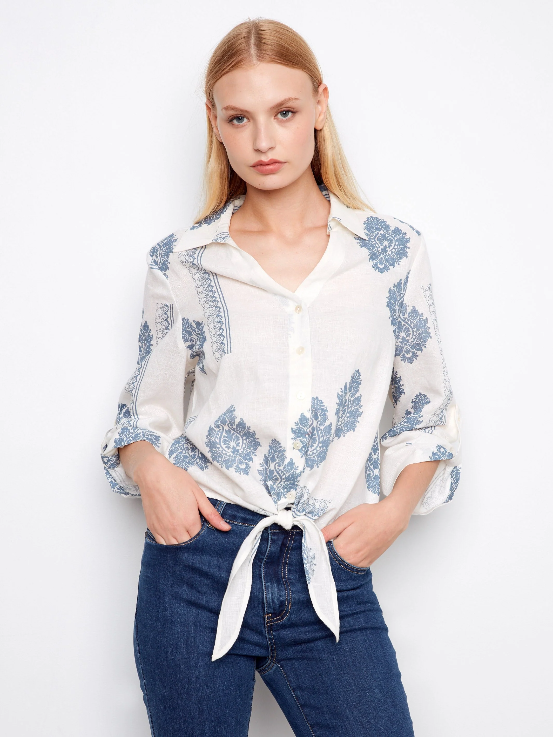 Printed Linen Blend Button-Up Blouse - Blue