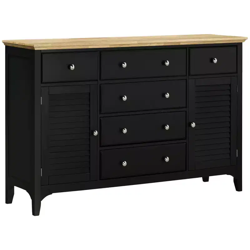 Sideboard Buffet Cabinet with Storage Drawers, Rubber Wood Top and Adjustable Shelves, Kitchen Cabinet Coffee Bar Cabinet