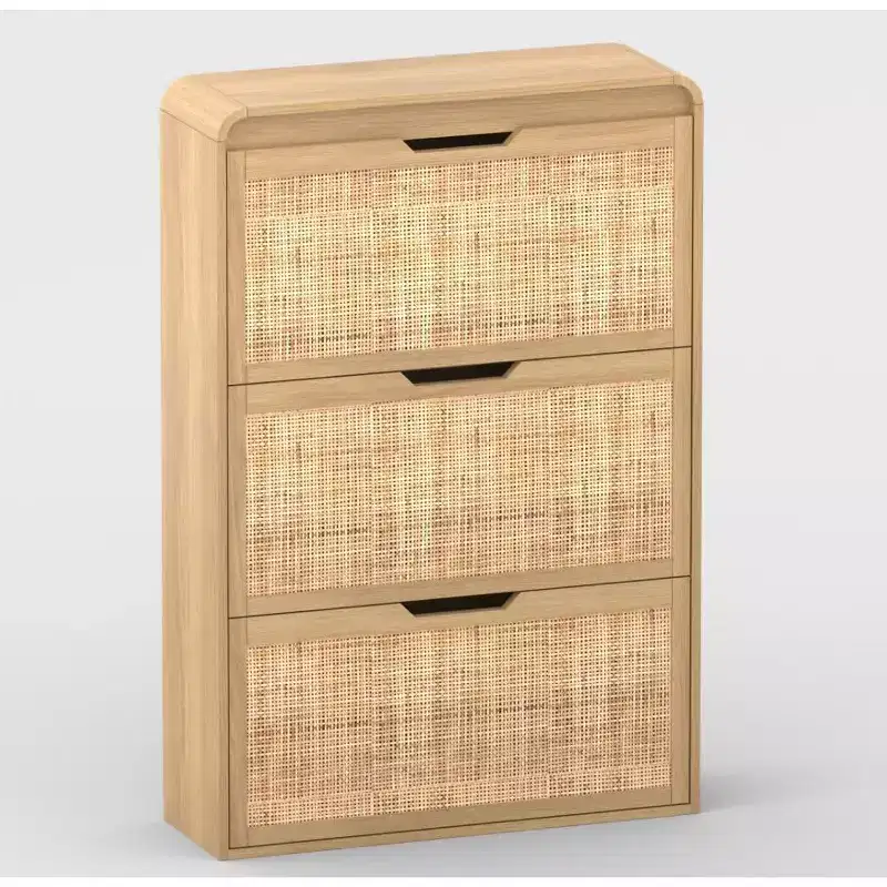 Boho Rattan Shoe Cabinet Narrow Shoe Storage Cabinet with 3 Flip Drawers Hidden Freestanding Shoe Rack Organizer for Entryway Slim, Hallway