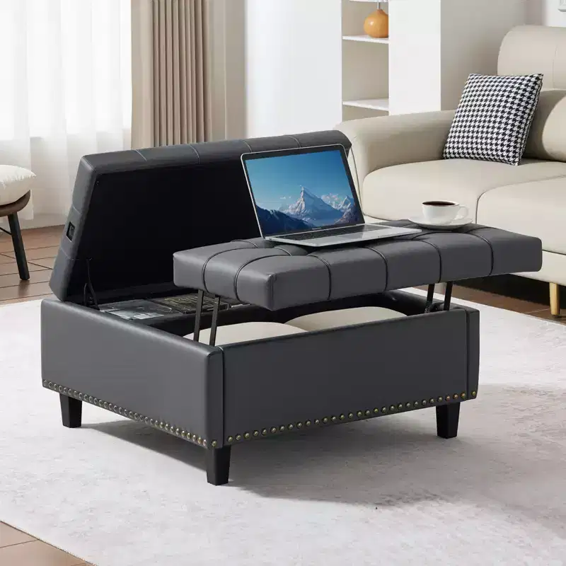 31 in Square Leather Ottoman with Storage, Upholstered Tufted Button Coffee Table Ottoman with Lift-Top & Flip Design, PU Leather, Grey