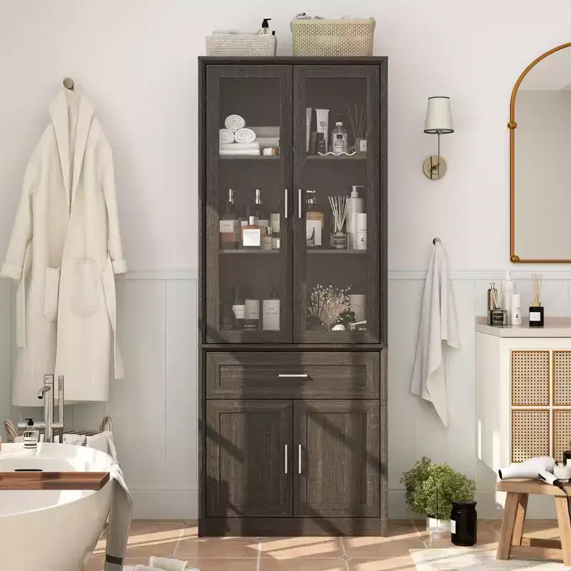 Famapy Tall Bathroom Storage Cabinet,Freestanding Storage Unit with Glass Doors,Anti-Tip Design,for Small Spaces, Dark
