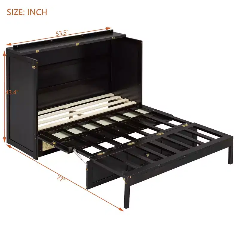 Full Murphy Bed Cabinet Bed, Full Size Murphy Bed with Storage Drawers, Wood Full Wall Bed Rattan Chest Murphy Bed Frame