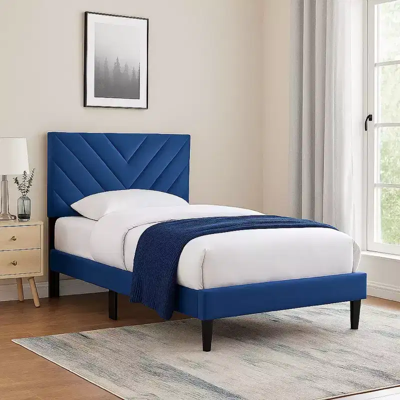Royal Hampton Twin Bed, Tufted Navy Blue Velvet Upholstery, Chevron Stitch