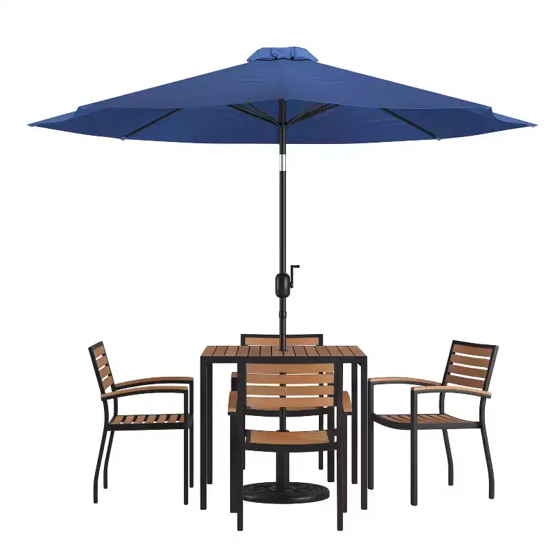 Emma and Oliver 7 Piece Patio Table Set - 4 Synthetic Faux Teak Stackable Chairs - Faux Teak Table - Umbrella with Base