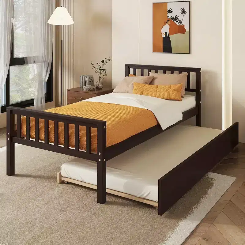 Whisen Twin Size Wood Platform Bed Frame with Trundle, with Headboard and Footboard
