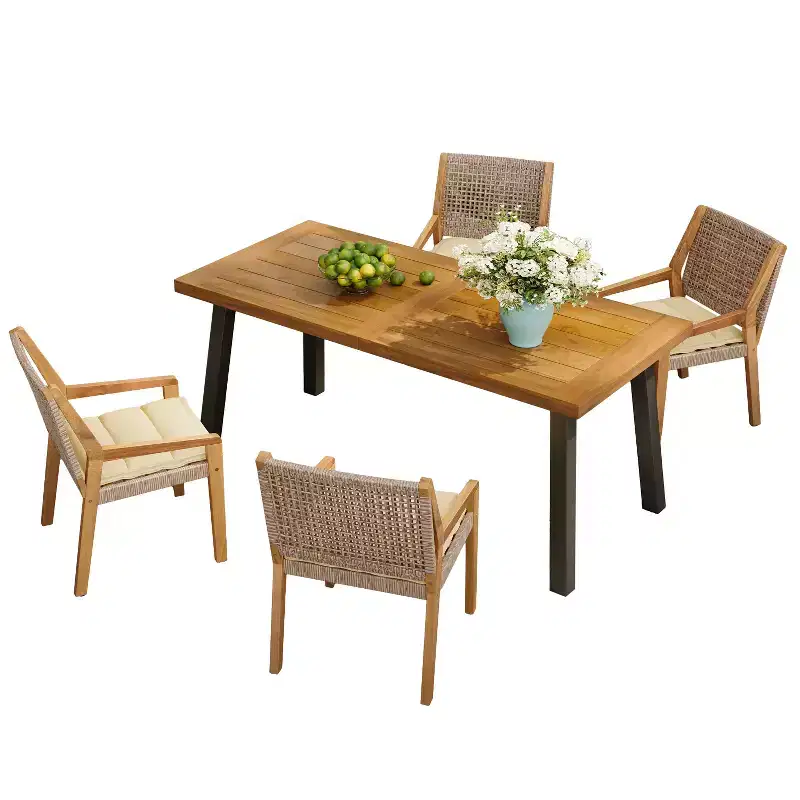 Christopher Knight Home Neva 5 Piece Industrial Outdoor Acacia Wood and Wicker Dining Set with Cushions
