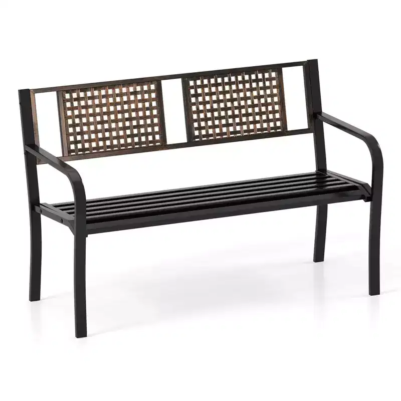 Costway 50 Outdoor Metal Park Bench with Rattan-Like Backrest & Curved Armrests