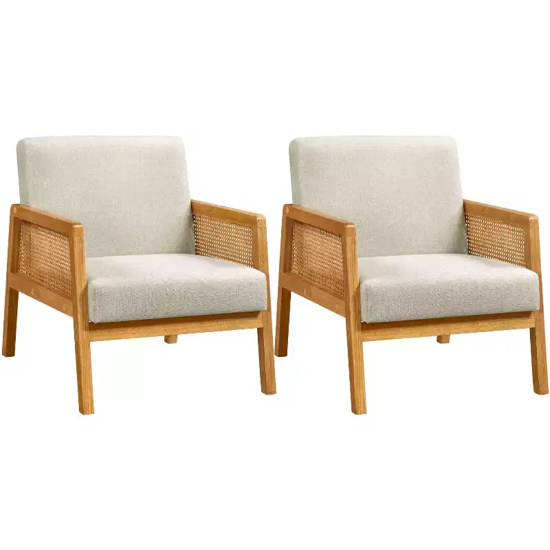 Set of 2 Upholstered Accent Chairs with Rattan Sides for Living Rooms, Bedrooms