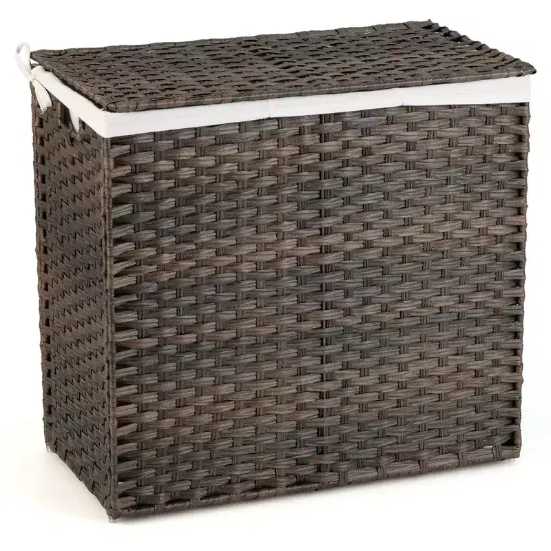 Costway 110L 3-Section Laundry Hamper w/Lid&Handle PE Rattan Clothes Hamper w/Liner Bag