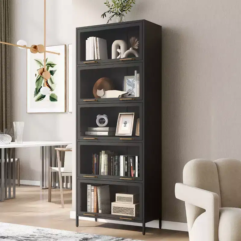 Tall Display Cabinet with Glass Doors, 5-Tier Steel Barrister Bookcase Curio Cabinet, Black