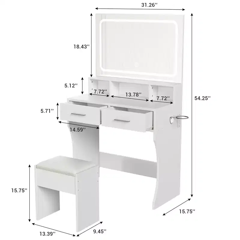 Vanity Table with LED Lighted Mirror, Modern Makeup Vanity Desk with Storage Drawers & Open Shelves, Vanity Set with Stool for Bedroom
