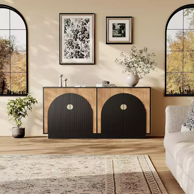 Acekool 63 Modern Farmhouse Sideboard Buffet Cabinet with Arch Doors, Storage Console for Dining Room