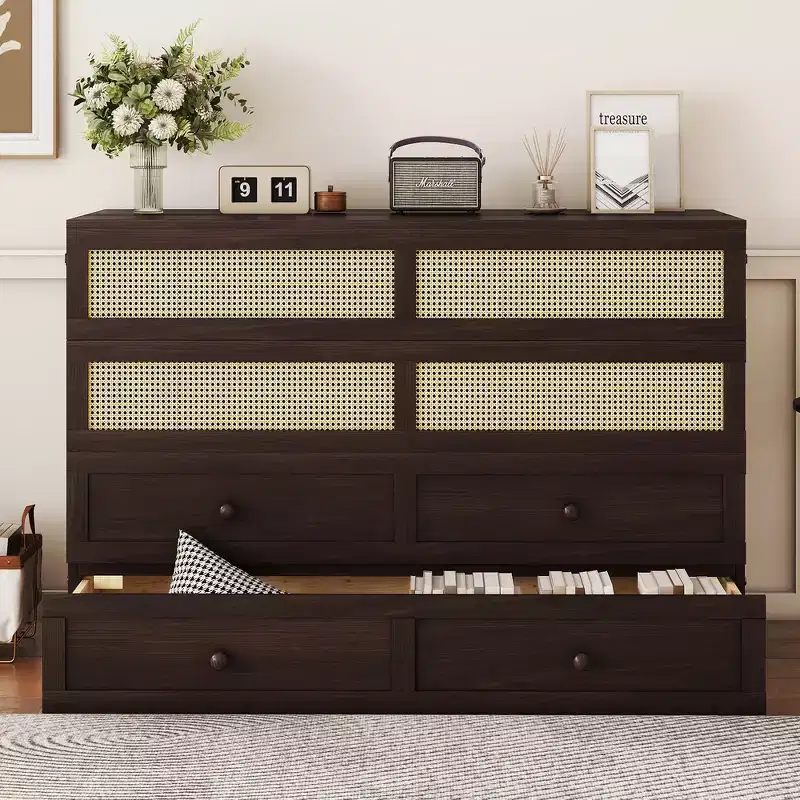Whisen Queen Size Pine Wood Murphy Bed with Rattan Decoration & Storage Drawer