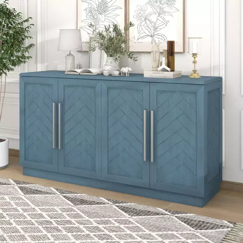 4-Door Sideboard Storage Cabinet with Silver Handles & Adjustable Shelves, Wooden Buffet Cabinet for Kitchen/Dining Room/Hallway