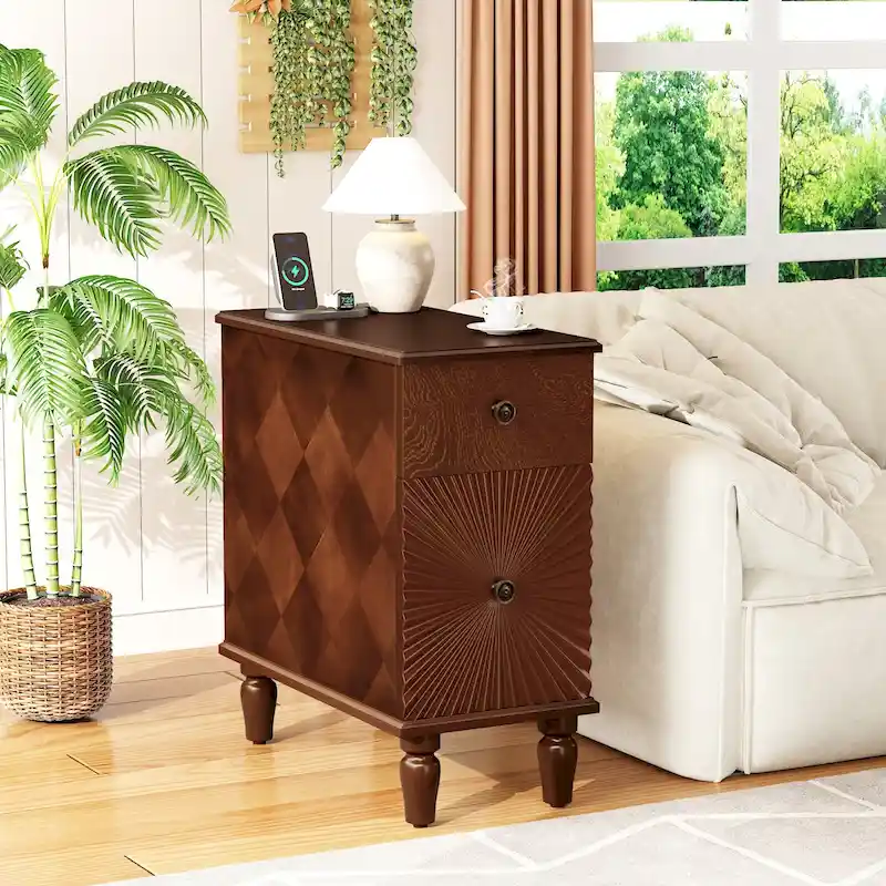 2 Drawer Modern Sofa Side Table, Solid Wood Narrow Side Table, Slim Nightstand for Living Room, Bedroom