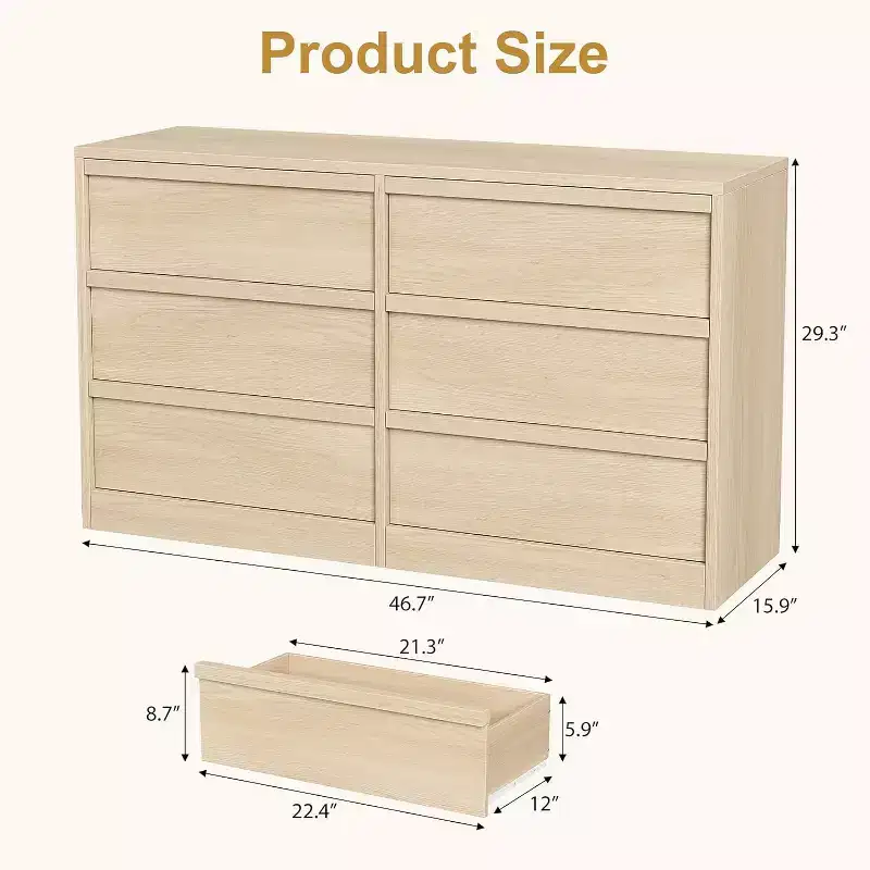 6 Drawer Dresser for Bedroom, 46 in Wide Natural Oak 6 Chest of Drawers with Large Storage