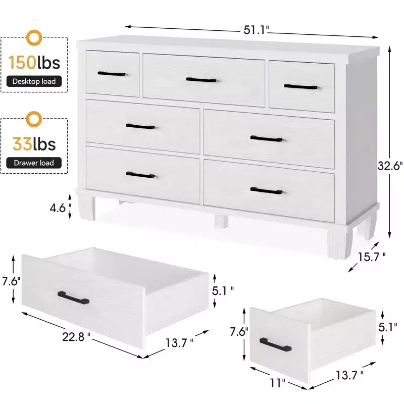 7-Drawer Dresser, Modern Wooden Bedroom Chest of Drawers With Storage Drawers, Farmhouse Style TV Stand for Living Room, Bedroom, Hallway, White