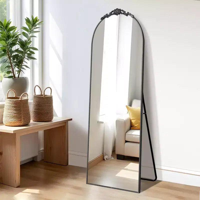 MAYEERTY 64.17x21.26x0.79in Aluminum Thin Edge Right Angle Arch Black Full Length Mirror with Stand