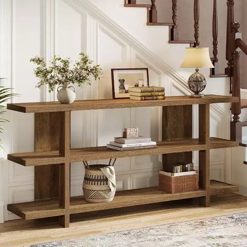 63-Inch Long Console Table, Wooden Entryway Table with 3-Tier Storage Shelf, Farmhouse Foyer Sofa Furniture for Living Room, Hallway
