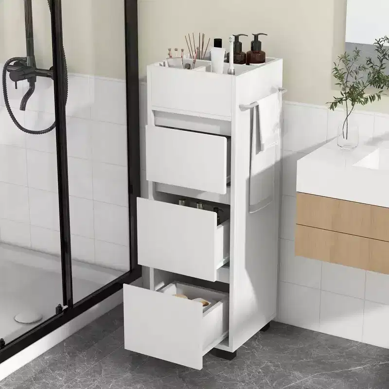 Bathroom Floor Cabinet with 3 Drawers, 4 Compartments & 2-Side Towel Shelf, White – 12
