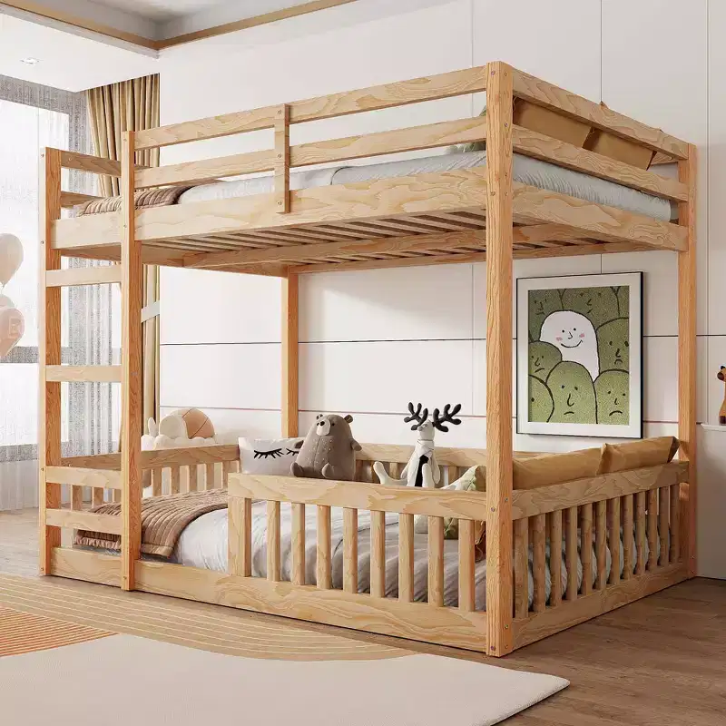 Full over Full Wooden Bunk Bed with Ladder and Guardrails, Low Floor Full Size Bunk Beds with Slats Support