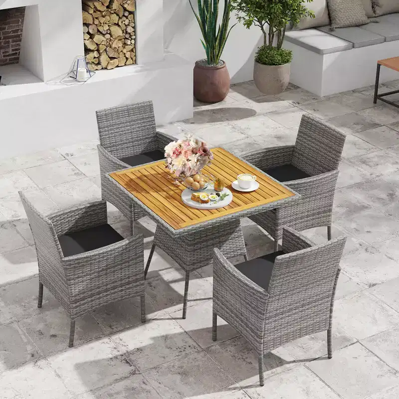 Costway 5 Pieces PE Wicker Patio Dining Set with Cushions and 1.97 Umbrella Hole