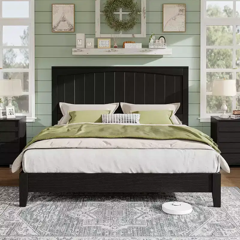AMERLIFE Solid Wood Bed Frame, Mid Century Platform Bed with Arched Lines Headboard