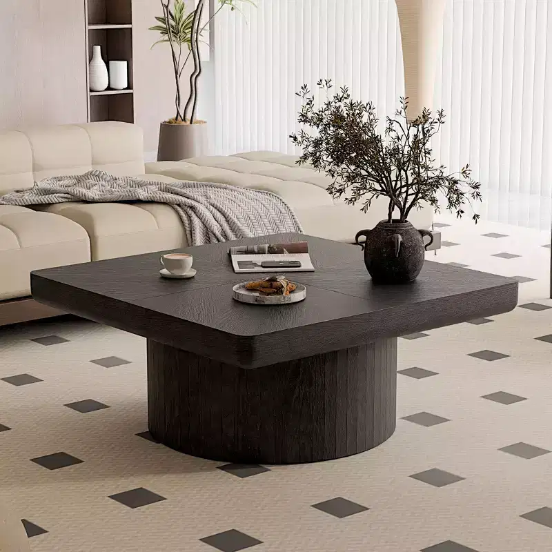 Okak Vintage Square Fluted Coffee Table with Parquet Pattern,Solid Wood Veneer Center Table for Living Room,Bedroom